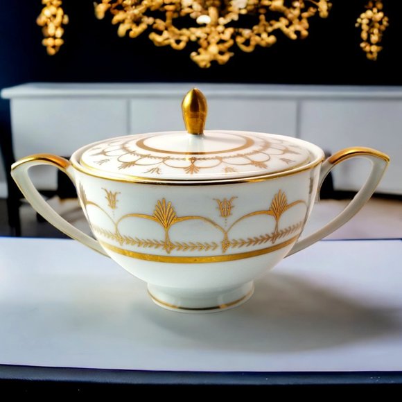 Other - Palazzo Sugar Bowl w/ Lid "Crescent" #8270  Fine White Porcelain & Gold Japan